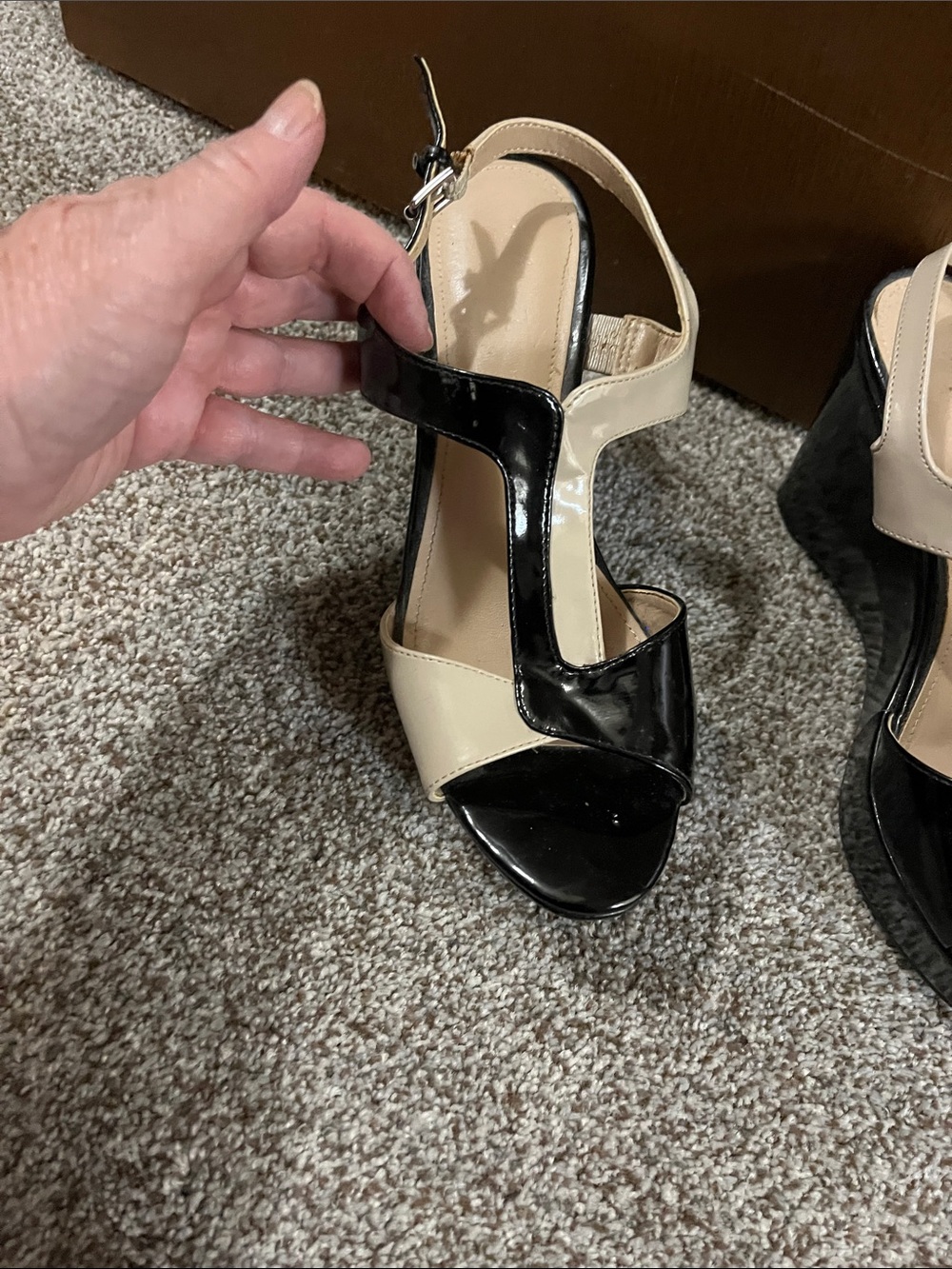 Marc Fisher Two-Tone Black and Cream Patent Slingback Heels